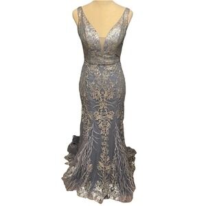Ladivine Cinderella Divine Feathered Blue Mermaid‎ Evening Gown Dress Size 6